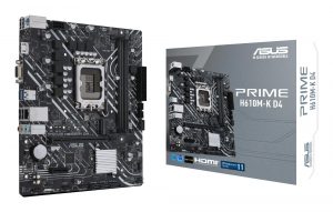 Mainboard ASUS Intel H610 LGA1700 MicroATX Memory DDR4 Memory slots 2 1xPCI-Express 3.0 1x 1xPCI-Express 4.0 16x 1xM.2 1x15pin D-sub 1xHDMI 2xAudio-In 1xAudio-Out 4xUSB 2.0 2xUSB 3.2 1xPS/2 1xRJ45 PRIMEH610M-KD4
