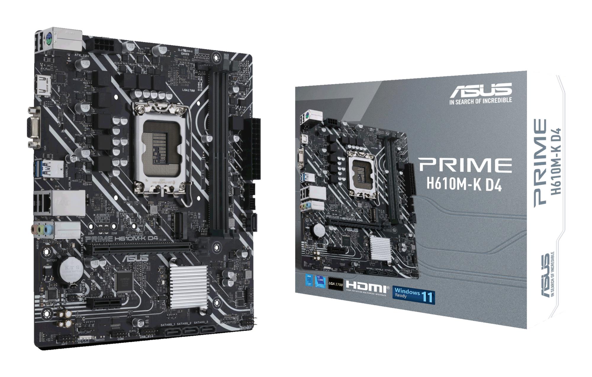 Mainboard ASUS Intel H610 LGA1700 MicroATX Memory DDR4 Memory slots 2 1xPCI-Express 3.0 1x 1xPCI-Express 4.0 16x 1xM.2 1x15pin D-sub 1xHDMI 2xAudio-In 1xAudio-Out 4xUSB 2.0 2xUSB 3.2 1xPS/2 1xRJ45 PRIMEH610M-KD4