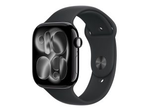 Apple Watch Series 11 GPS + Cellular 46mm Jet Black Aluminium Case with Black Sport Band - M/L Smart watch LTPO OLED Always-On Retina Waterproof Jet Black