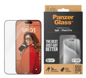 PanzerGlass Screen protector Apple iPhone 15 Pro Glass Clear Easy installation; Fingerprint resistant; Anti-yellowing Ultra-Wide Fit
