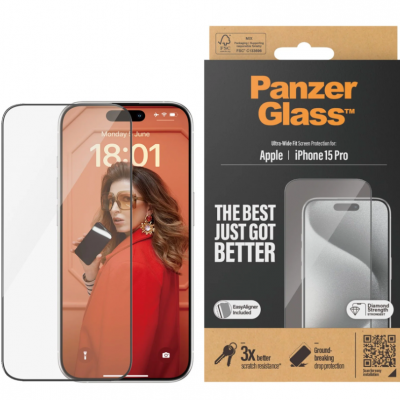 PanzerGlass Screen protector Apple iPhone 15 Pro Glass Clear Easy installation; Fingerprint resistant; Anti-yellowing Ultra-Wide Fit