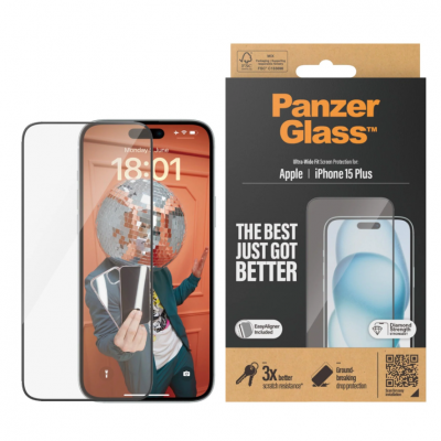 PanzerGlass Screen protector Apple IPhone 15 Plus Glass Transparent Ultra-wide fit, Scratch resistant, Drop protection, EasyAligner included