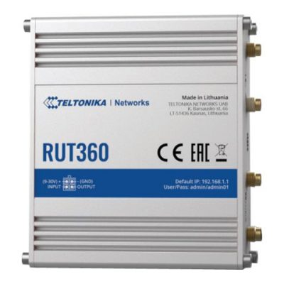 Teltonika Industrial Cellular Router RUT360 LTE CAT6 1 x LAN ports, 10/100 Mbps, compliance with IEEE 802.3, IEEE 802.3u standards, supports auto MDI/MDIX crossover Mbit/s Ethernet LAN (RJ-45) ports 2 x RJ45 ports, 10/100 Mbps Mesh Support No MU-MiMO Yes 3G/4G data sharing Antenna type 2 x SMA for LTE, 2 x RP-SMA for WiFi