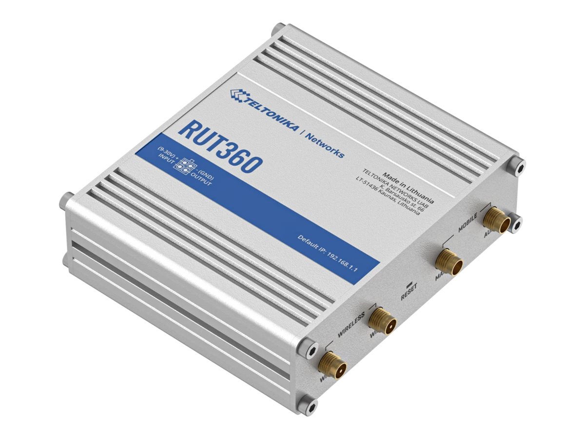 Teltonika Industrial Cellular Router RUT360 LTE CAT6 1 x LAN ports, 10/100 Mbps, compliance with IEEE 802.3, IEEE 802.3u standards, supports auto MDI/MDIX crossover Mbit/s Ethernet LAN (RJ-45) ports 2 x RJ45 ports, 10/100 Mbps Mesh Support No MU-MiMO Yes 3G/4G data sharing Antenna type 2 x SMA for LTE, 2 x RP-SMA for WiFi - Image 2