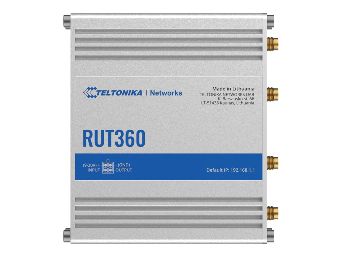 Teltonika Industrial Cellular Router RUT360 LTE CAT6 1 x LAN ports, 10/100 Mbps, compliance with IEEE 802.3, IEEE 802.3u standards, supports auto MDI/MDIX crossover Mbit/s Ethernet LAN (RJ-45) ports 2 x RJ45 ports, 10/100 Mbps Mesh Support No MU-MiMO Yes 3G/4G data sharing Antenna type 2 x SMA for LTE, 2 x RP-SMA for WiFi - Image 4