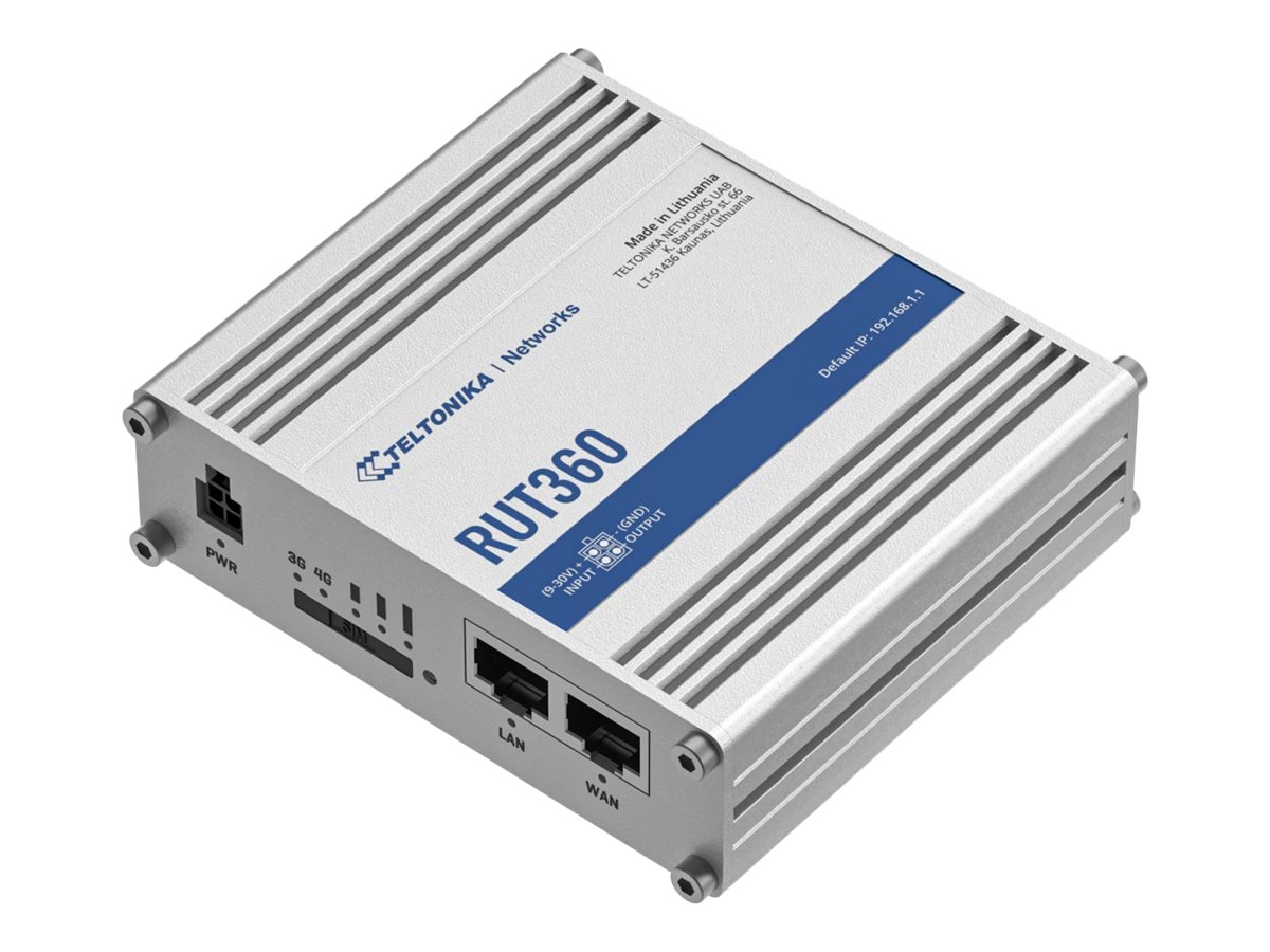 Teltonika Industrial Cellular Router RUT360 LTE CAT6 1 x LAN ports, 10/100 Mbps, compliance with IEEE 802.3, IEEE 802.3u standards, supports auto MDI/MDIX crossover Mbit/s Ethernet LAN (RJ-45) ports 2 x RJ45 ports, 10/100 Mbps Mesh Support No MU-MiMO Yes 3G/4G data sharing Antenna type 2 x SMA for LTE, 2 x RP-SMA for WiFi - Image 6
