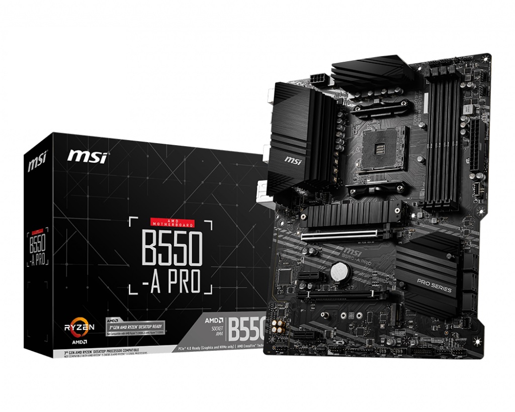 MSI B550-A PRO Processor family AMD Processor socket AM4 DDR4 DIMM Memory slots 4 Supported hard disk drive interfaces SATA, M.2 Number of SATA connectors 6 Chipset AMD B550 ATX