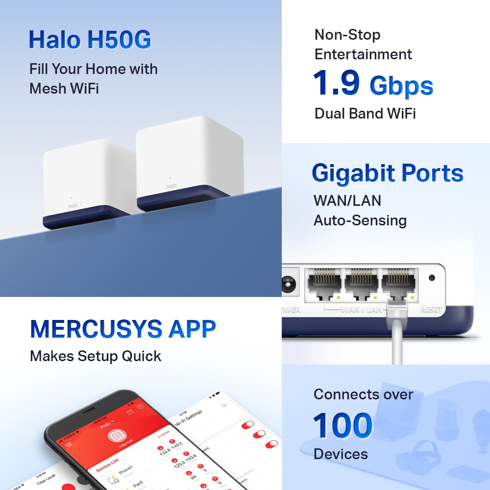 Mercusys AC1900 Whole Home Mesh Wi-Fi System Halo H50G (2-Pack) 802.11ac 600+1300 Mbit/s Ethernet LAN (RJ-45) ports 3 Mesh Support Yes MU-MiMO Yes No mobile broadband - Image 5