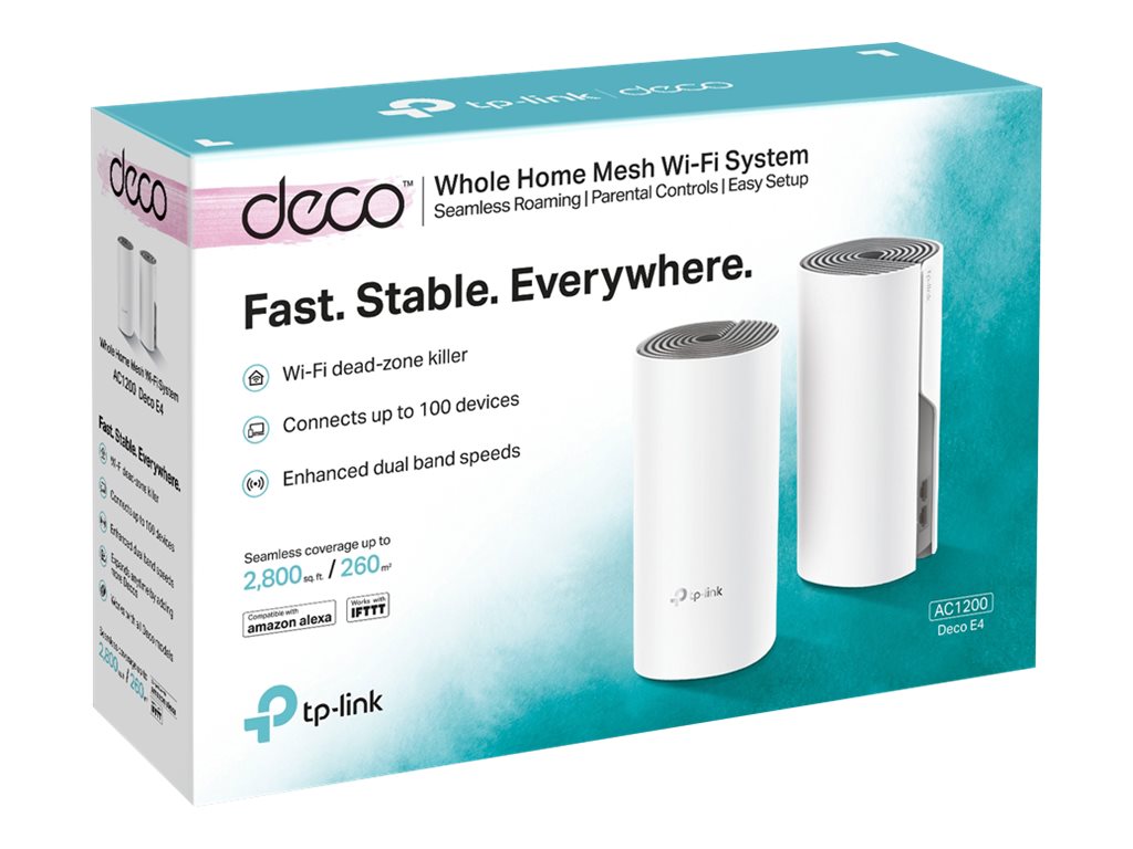 TP-LINK C1200 Whole Home Mesh Wi-Fi System Deco E4 (2-pack) 802.11ac 867+300 Mbit/s 10/100 Mbit/s Ethernet LAN (RJ-45) ports 2 Mesh Support Yes MU-MiMO Yes No mobile broadband Antenna type 2xInternal - Image 6