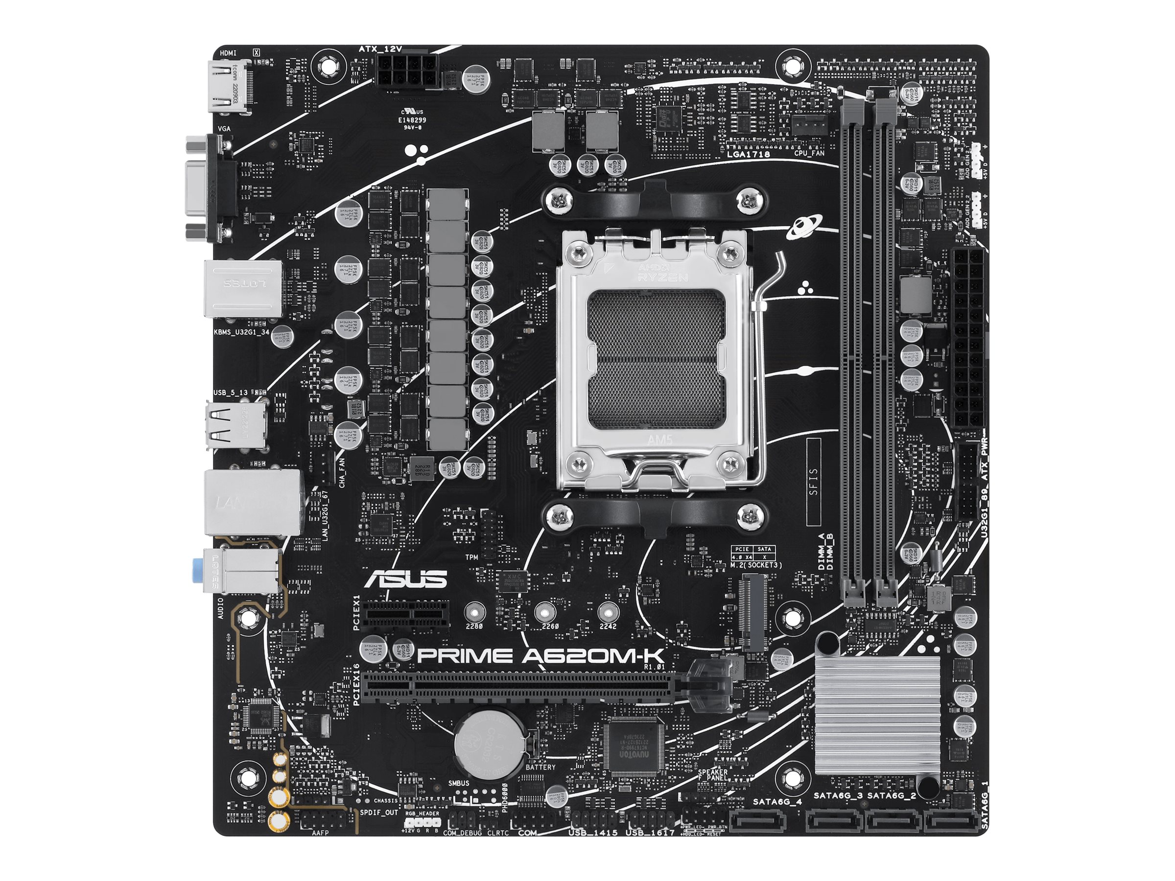Asus PRIME A620M-K Processor family AMD Processor socket AM5 DDR5 DIMM Memory slots 2 Supported hard disk drive interfaces SATA, M.2 Number of SATA connectors 4 Chipset AMD A620 micro-ATX - Pilt 2