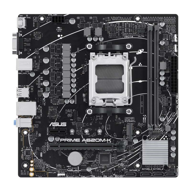 Asus PRIME A620M-K Processor family AMD Processor socket AM5 DDR5 DIMM Memory slots 2 Supported hard disk drive interfaces SATA, M.2 Number of SATA connectors 4 Chipset AMD A620 micro-ATX - Pilt 3