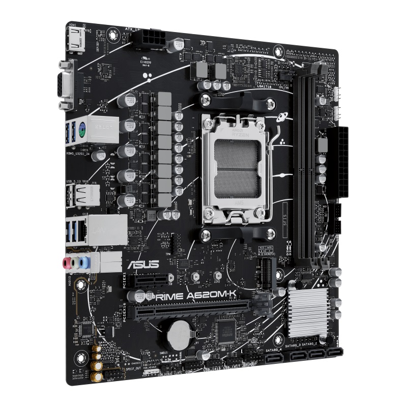 Asus PRIME A620M-K Processor family AMD Processor socket AM5 DDR5 DIMM Memory slots 2 Supported hard disk drive interfaces SATA, M.2 Number of SATA connectors 4 Chipset AMD A620 micro-ATX - Pilt 4