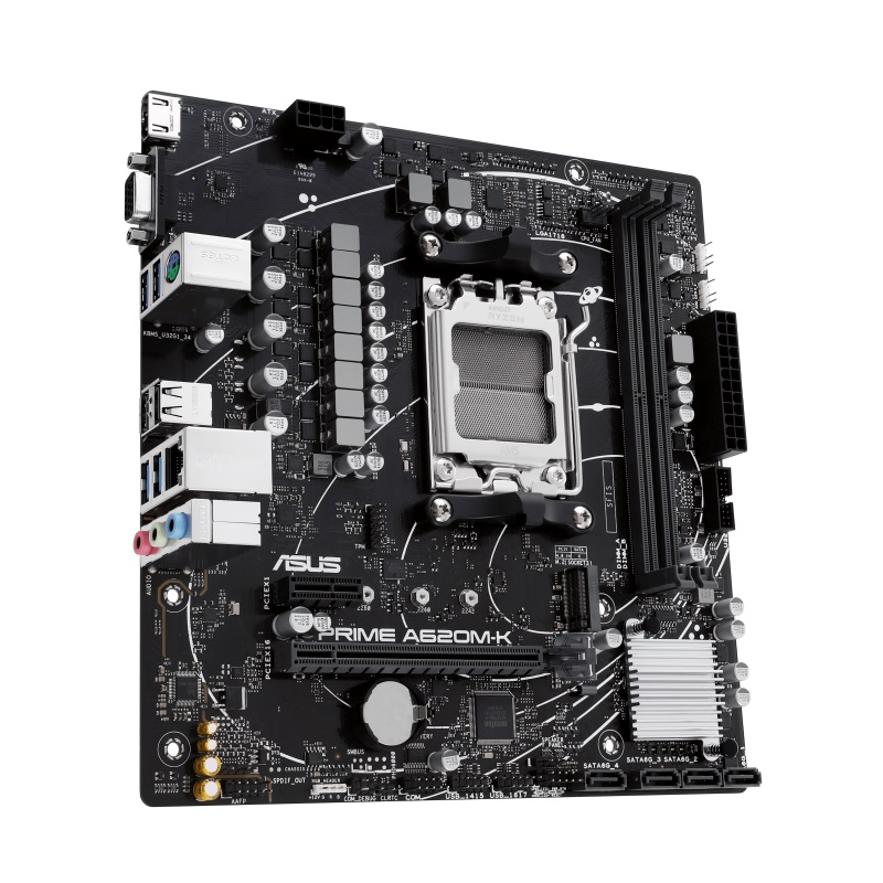 Asus PRIME A620M-K Processor family AMD Processor socket AM5 DDR5 DIMM Memory slots 2 Supported hard disk drive interfaces SATA, M.2 Number of SATA connectors 4 Chipset AMD A620 micro-ATX - Pilt 5
