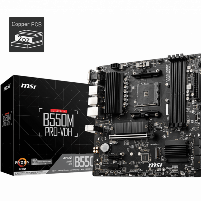 MSI B550M PRO-VDH Processor family AMD Processor socket AM4 DDR4 Memory slots 4 Number of SATA connectors 4 Chipset AMD B Micro ATX