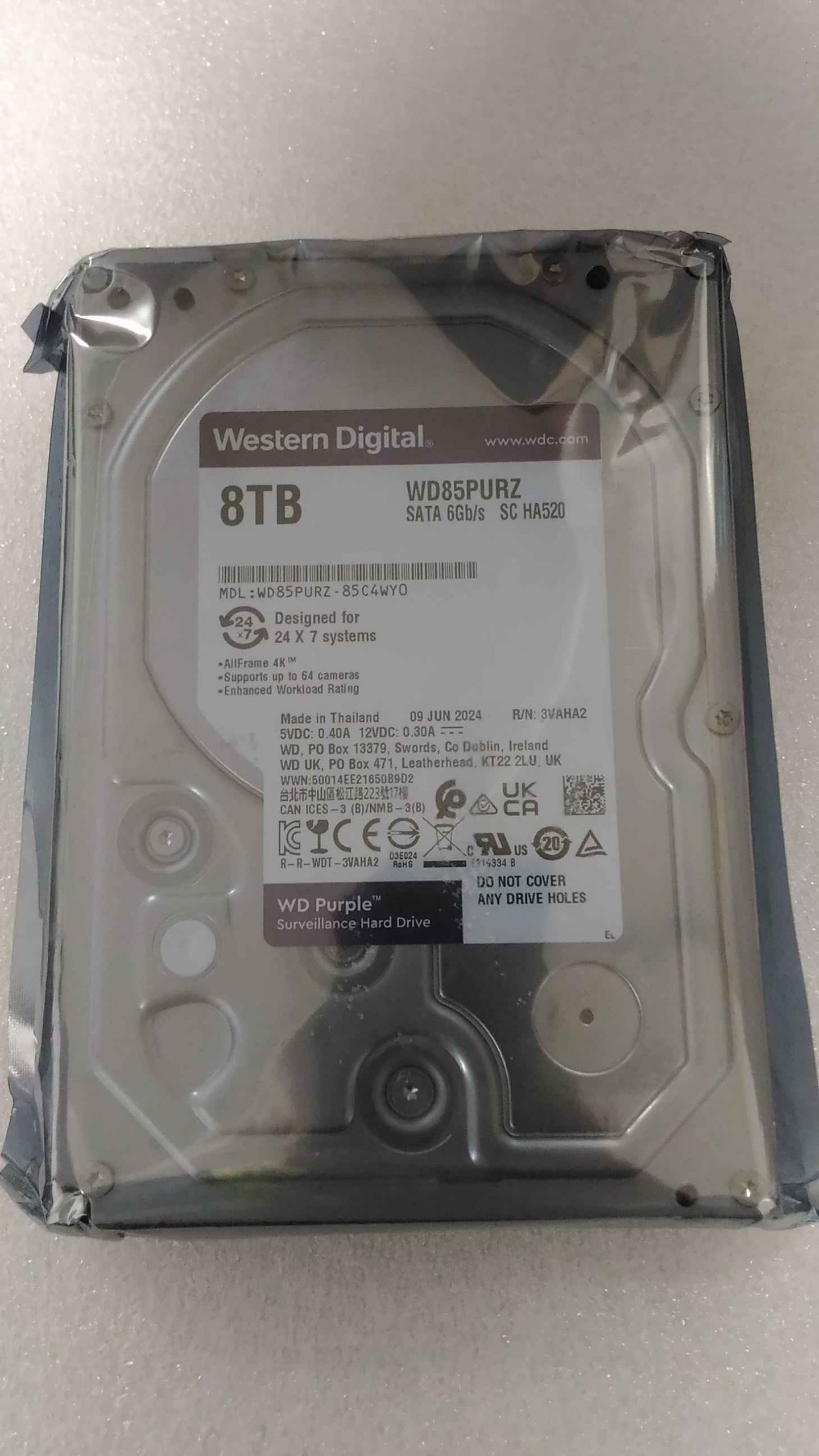 SALE OUT. Western Digital Surveillance Hard Drive Purple Surveillance WD85PURZ 5640 RPM 8000 GB REFURBISHED