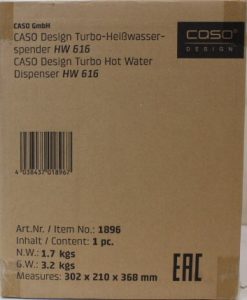SALE OUT. Caso HW 616 Turbo Hot Water Dispenser, Capacity 2.5 L, Stainless steel, Black SALE OUT. Caso Turbo Hot Water Dispenser HW 616 Water Dispenser 2600 W 2.5 L Plastic/Stainless Steel Black/Stainless Steel DAMAGED PACKAGING