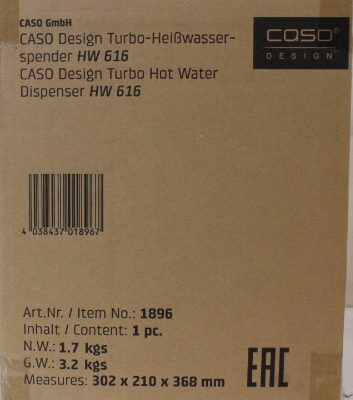 SALE OUT. Caso HW 616 Turbo Hot Water Dispenser, Capacity 2.5 L, Stainless steel, Black SALE OUT. Caso Turbo Hot Water Dispenser HW 616 Water Dispenser 2600 W 2.5 L Plastic/Stainless Steel Black/Stainless Steel DAMAGED PACKAGING