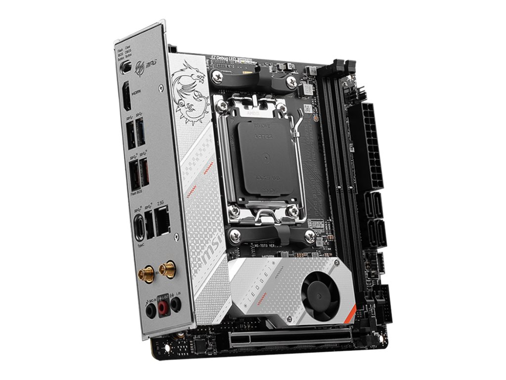 MSI MPG B650I EDGE WIFI Processor family AMD Processor socket AM5 DDR5 DIMM Memory slots 2 Supported hard disk drive interfaces SATA, M.2 Number of SATA connectors 4 Chipset AMD B650 Mini-ITX - Image 3