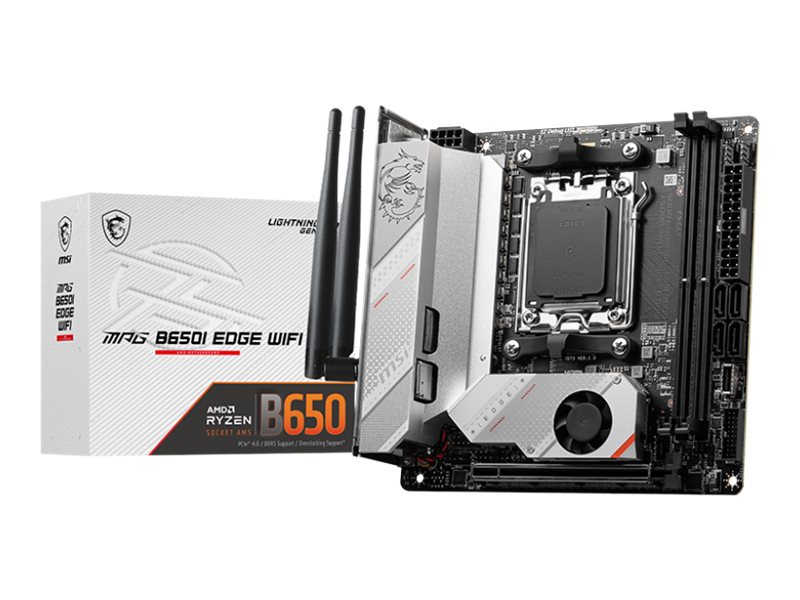 MSI MPG B650I EDGE WIFI Processor family AMD Processor socket AM5 DDR5 DIMM Memory slots 2 Supported hard disk drive interfaces SATA, M.2 Number of SATA connectors 4 Chipset AMD B650 Mini-ITX - Image 5