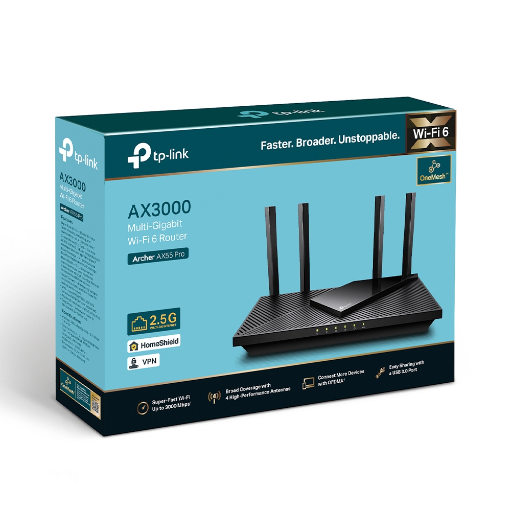 TP-LINK AX3000 Dual Band Gigabit Wi-Fi 6 Router Archer AX55 Pro 802.11ax 574+2402 Mbit/s 10/100/1000 Mbit/s Ethernet LAN (RJ-45) ports 3 Mesh Support Yes MU-MiMO Yes No mobile broadband Antenna type External - Image 4