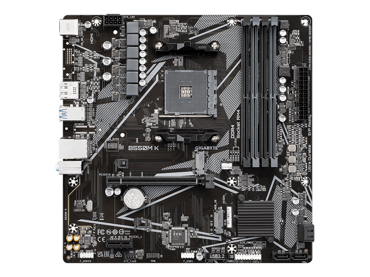 Gigabyte B550M K 1.0 M/B Processor family AMD Processor socket AM4 DDR4 DIMM Memory slots 4 Supported hard disk drive interfaces SATA, M.2 Number of SATA connectors 4 Chipset AMD B550 Micro ATX - Image 2