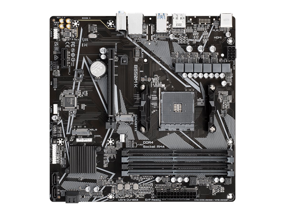 Gigabyte B550M K 1.0 M/B Processor family AMD Processor socket AM4 DDR4 DIMM Memory slots 4 Supported hard disk drive interfaces SATA, M.2 Number of SATA connectors 4 Chipset AMD B550 Micro ATX - Image 4