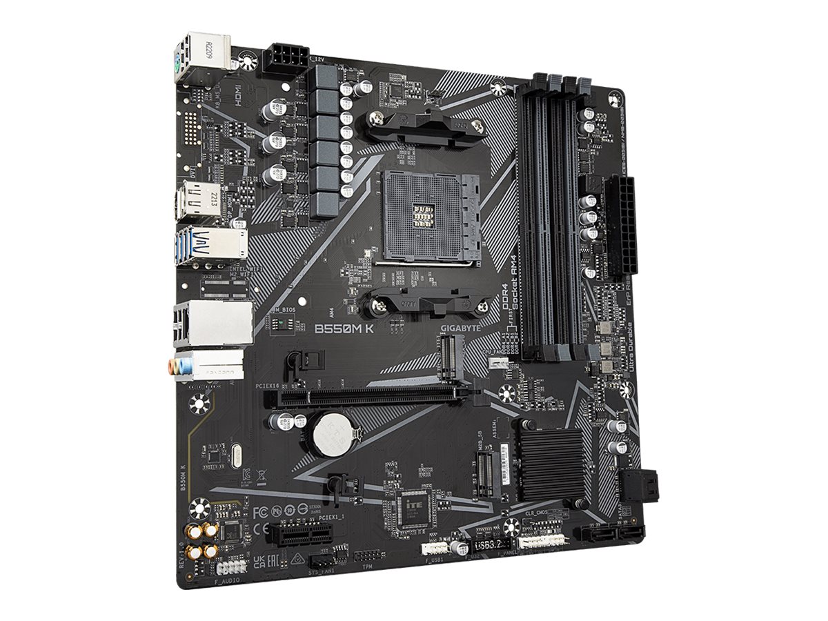 Gigabyte B550M K 1.0 M/B Processor family AMD Processor socket AM4 DDR4 DIMM Memory slots 4 Supported hard disk drive interfaces SATA, M.2 Number of SATA connectors 4 Chipset AMD B550 Micro ATX - Image 6