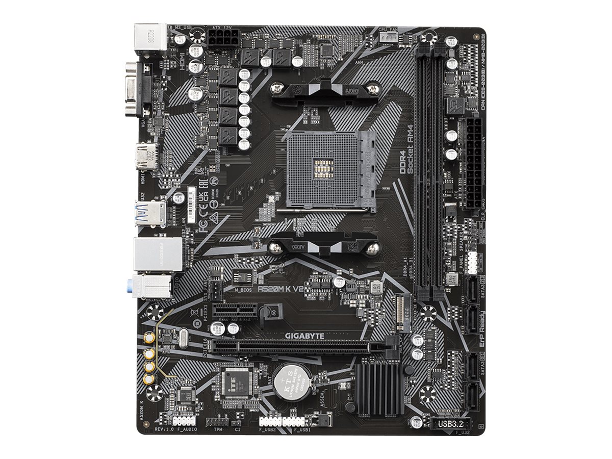 Gigabyte A520M K V2 1.0 M/B Processor family AMD Processor socket AM4 DDR4 DIMM Memory slots 2 Supported hard disk drive interfaces SATA, M.2 Number of SATA connectors 4 Chipset AMD A520 Micro ATX