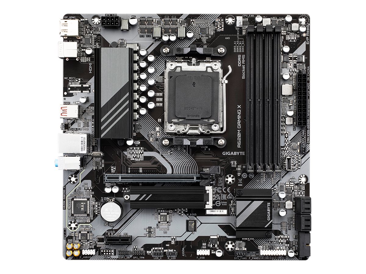 Gigabyte A620M GAMING XG10 Processor family AMD Processor socket AM5 DDR5 DIMM Memory slots 4 Supported hard disk drive interfaces SATA, M.2 Number of SATA connectors 4 Chipset AMD A620 Micro ATX