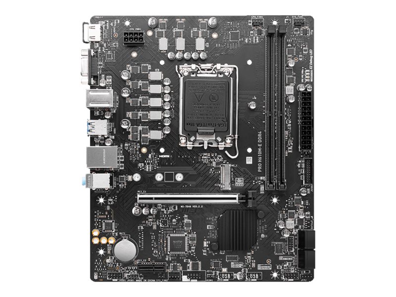 MSI PRO H610M-E DDR4 Processor family Intel Processor socket LGA1700 DDR4 DIMM Memory slots 2 Supported hard disk drive interfaces SATA, M.2 Number of SATA connectors 4 Chipset Intel H610 Mirco-ATX - Image 2