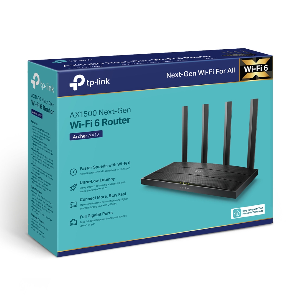 TP-LINK Wi-Fi 6 Router Archer AX12 802.11ax 300+1201 Mbit/s 10/100/1000 Mbit/s Ethernet LAN (RJ-45) ports 3 Mesh Support No MU-MiMO No No mobile broadband Antenna type External - Pilt 5