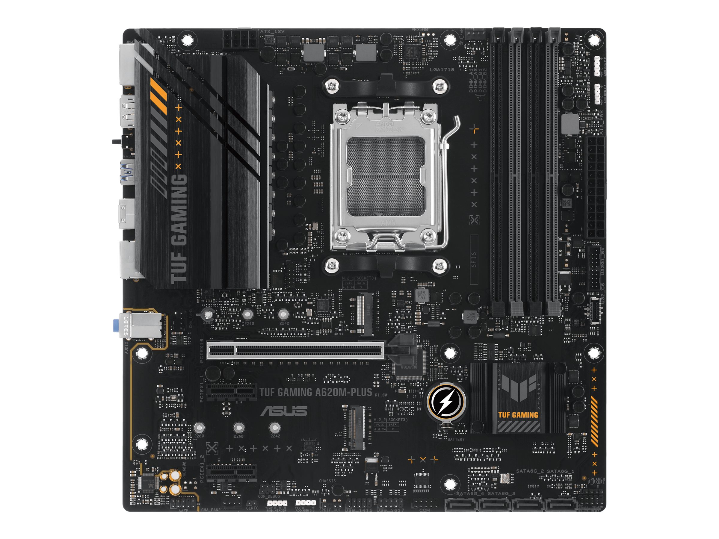 Asus TUF GAMING A620M-PLUS Processor family AMD Processor socket AM5 DDR5 DIMM Memory slots 4 Supported hard disk drive interfaces SATA, M.2 Number of SATA connectors 4 Chipset AMD A620 Micro-ATX - Image 2