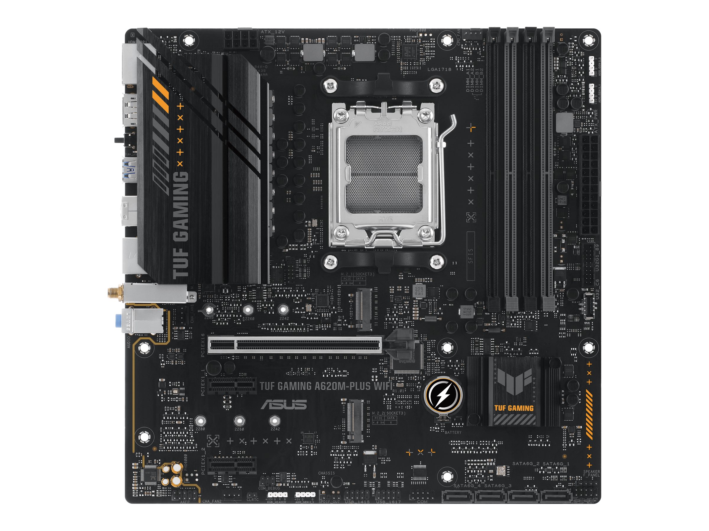 Asus TUF GAMING A620M-PLUS WIFI Processor family AMD Processor socket AM5 DDR5 DIMM Memory slots 4 Supported hard disk drive interfaces SATA, M.2 Number of SATA connectors 4 Chipset AMD A620 Micro-ATX - Image 2