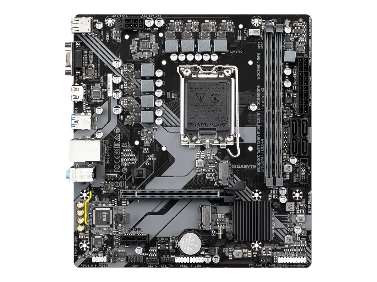 Gigabyte B760M H DDR4 1.0 M/B Processor family Intel Processor socket LGA1700 DDR4 DIMM Memory slots 2 Supported hard disk drive interfaces SATA, M.2 Number of SATA connectors 4 Chipset Intel B760 Express Micro ATX - Image 2