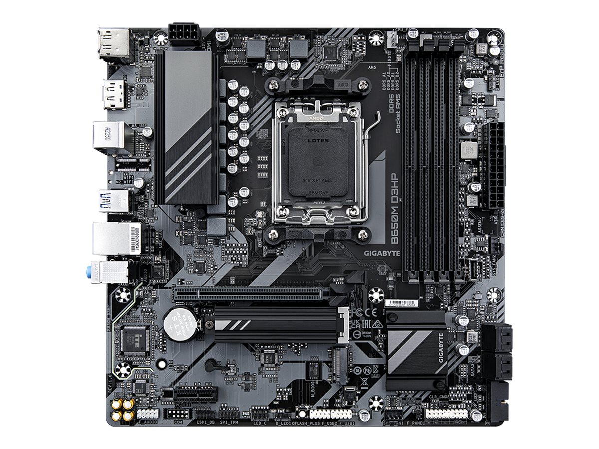 Gigabyte B650M D3HP Processor family AMD Processor socket AM5 DDR5 DIMM Memory slots 1 Supported hard disk drive interfaces SATA, M.2 Number of SATA connectors 4 Chipset AMD B650 Micro ATX