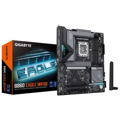 Gigabyte B860 EAGLE WIFI6E Processor family Intel Processor socket LGA1851 DDR5 Supported hard disk drive interfaces SATA, M.2 Number of SATA connectors 4