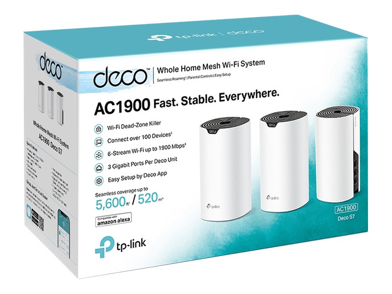 TP-LINK AC1900 Whole Home Mesh Wi-Fi System Deco S7 (3-pack) 802.11ac 10/100/1000 Mbit/s Ethernet LAN (RJ-45) ports 1 Mesh Support Yes MU-MiMO Yes No mobile broadband Antenna type Internal - Image 4