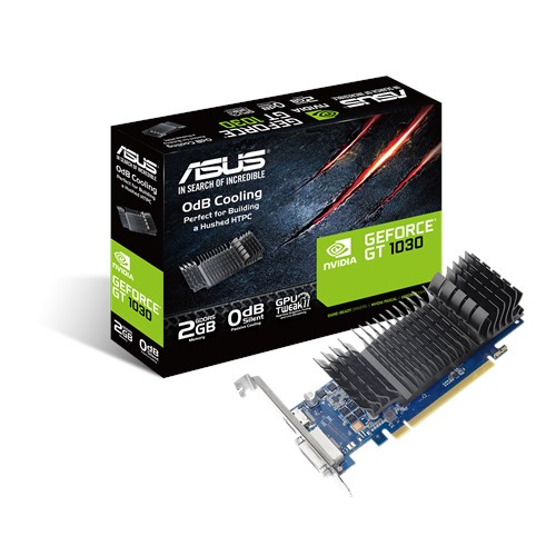 Asus GT1030-SL-2G-BRK NVIDIA 2 GB GeForce GT 1030 GDDR5 DVI-D ports quantity 1 HDMI ports quantity 1 PCI Express 3.0 Memory clock speed 6008 MHz Processor frequency 1506 MHz