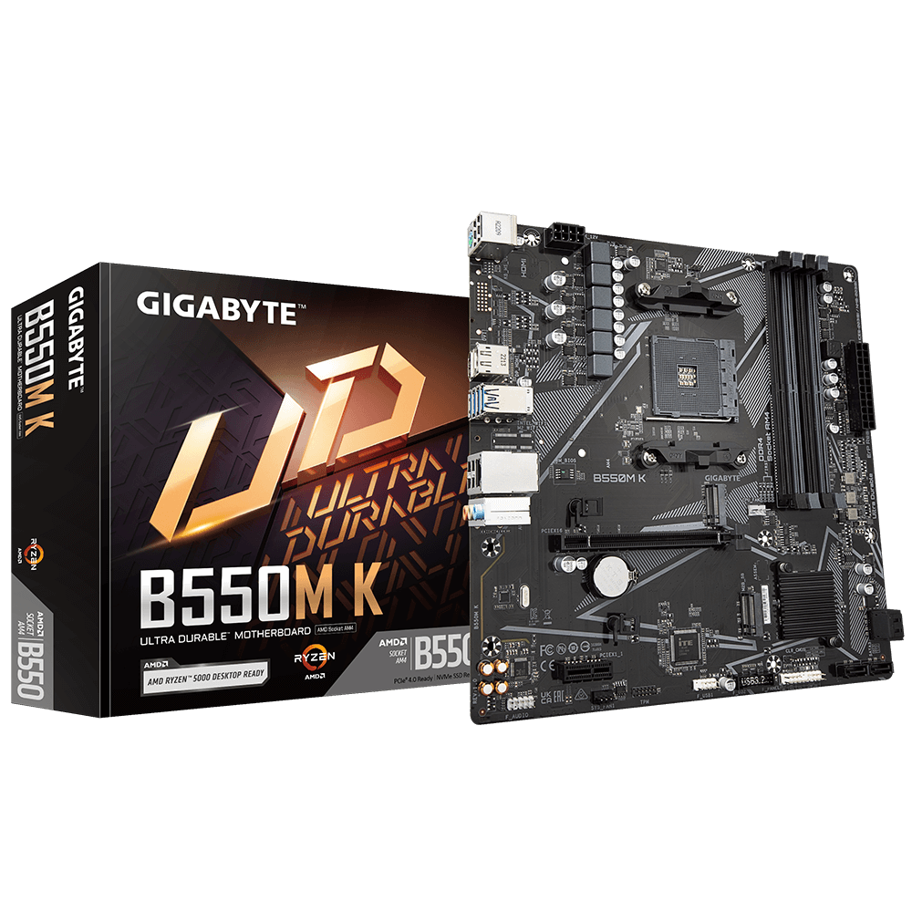 Gigabyte B550M K 1.0 M/B Processor family AMD Processor socket AM4 DDR4 DIMM Memory slots 4 Supported hard disk drive interfaces SATA, M.2 Number of SATA connectors 4 Chipset AMD B550 Micro ATX