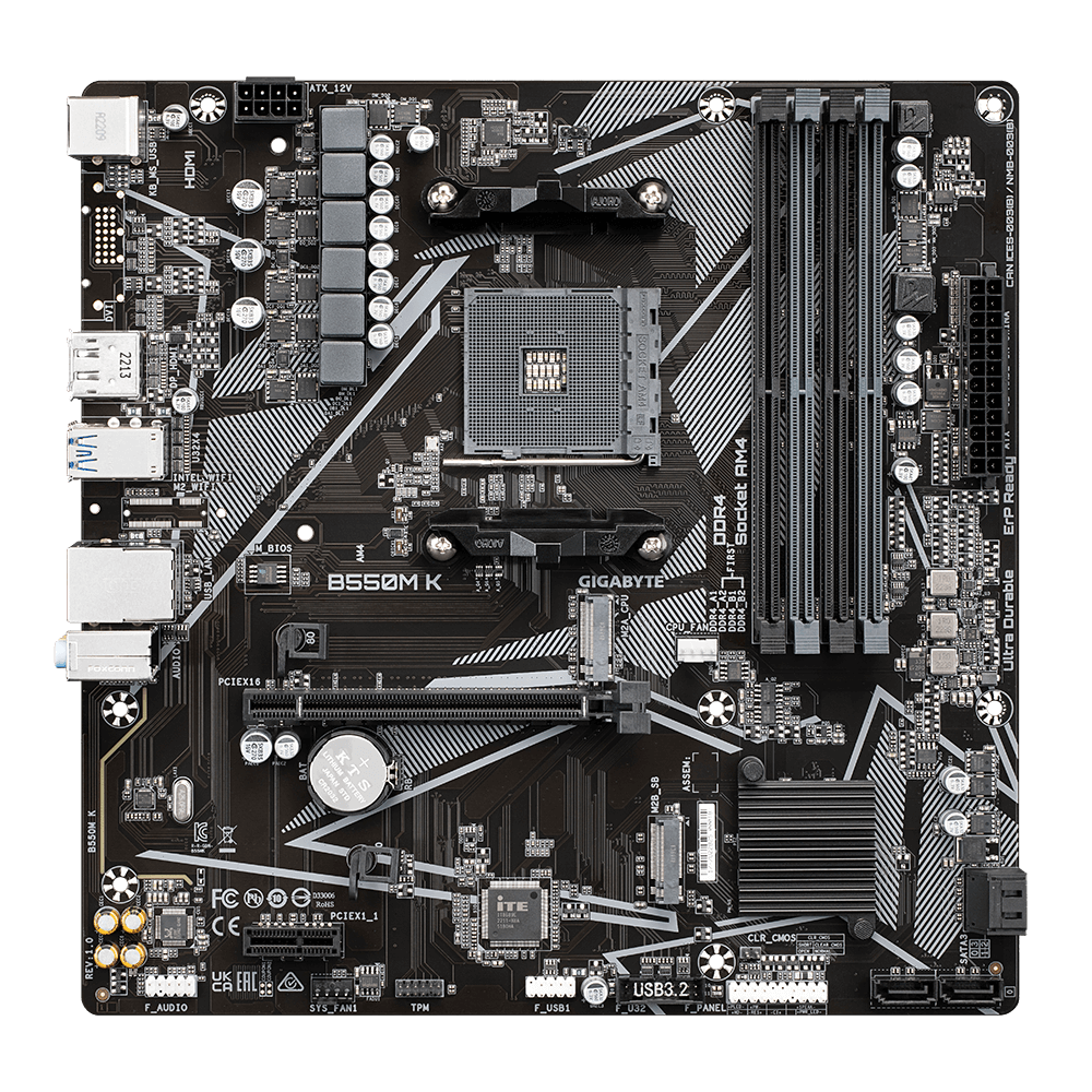 Gigabyte B550M K 1.0 M/B Processor family AMD Processor socket AM4 DDR4 DIMM Memory slots 4 Supported hard disk drive interfaces SATA, M.2 Number of SATA connectors 4 Chipset AMD B550 Micro ATX - Image 3