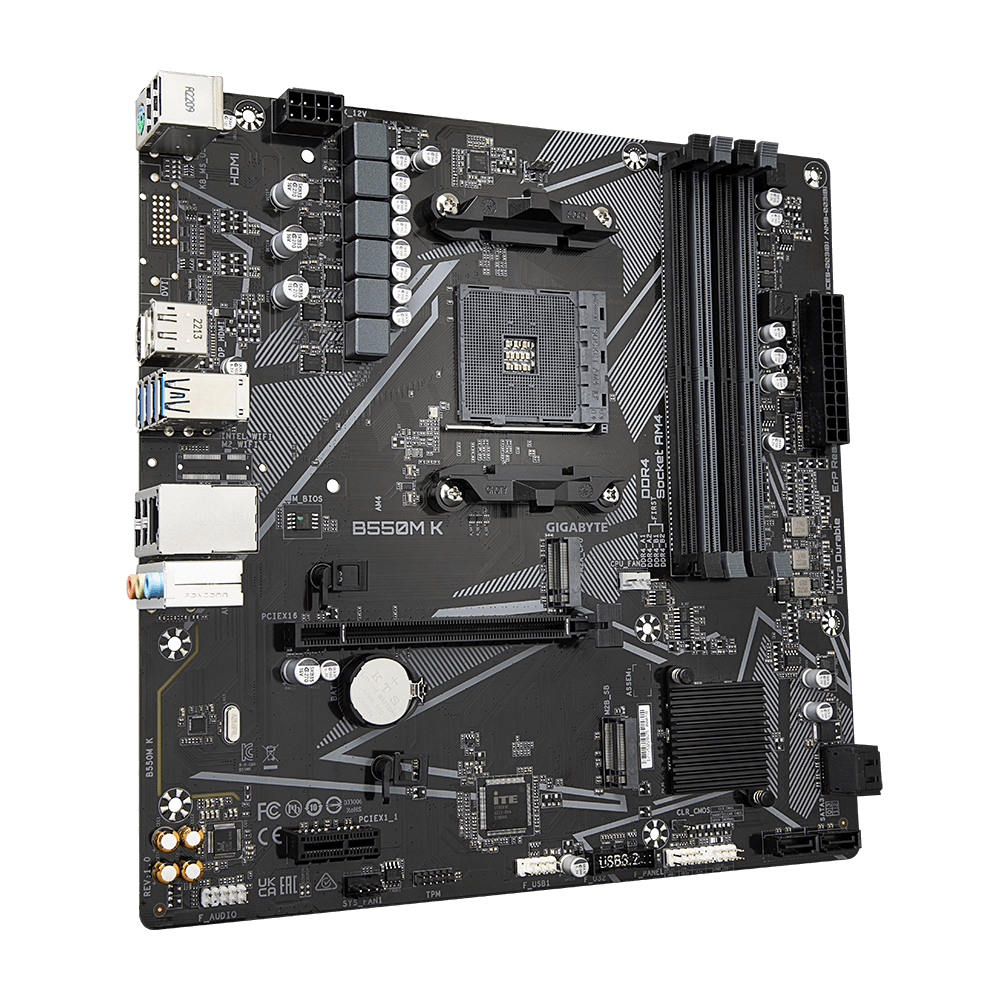Gigabyte B550M K 1.0 M/B Processor family AMD Processor socket AM4 DDR4 DIMM Memory slots 4 Supported hard disk drive interfaces SATA, M.2 Number of SATA connectors 4 Chipset AMD B550 Micro ATX - Image 5