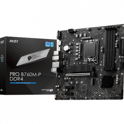 MSI PRO B760M-P DDR4 Processor family Intel Processor socket LGA1700 DDR4 DIMM Memory slots 4 Supported hard disk drive interfaces SATA, M.2 Number of SATA connectors 4 Chipset Intel B760 mATX