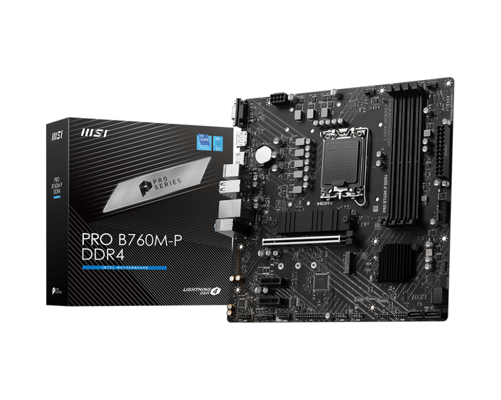 MSI PRO B760M-P DDR4 Processor family Intel Processor socket LGA1700 DDR4 DIMM Memory slots 4 Supported hard disk drive interfaces SATA, M.2 Number of SATA connectors 4 Chipset Intel B760 mATX