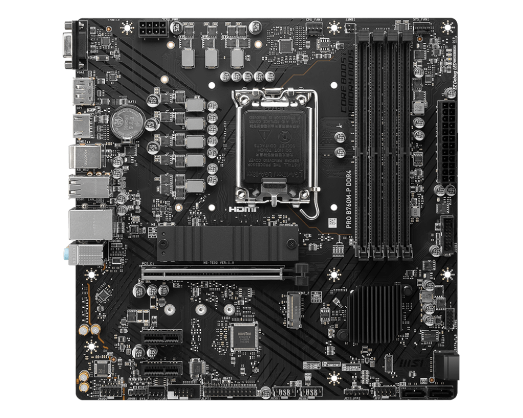 MSI PRO B760M-P DDR4 Processor family Intel Processor socket LGA1700 DDR4 DIMM Memory slots 4 Supported hard disk drive interfaces SATA, M.2 Number of SATA connectors 4 Chipset Intel B760 mATX - Image 3