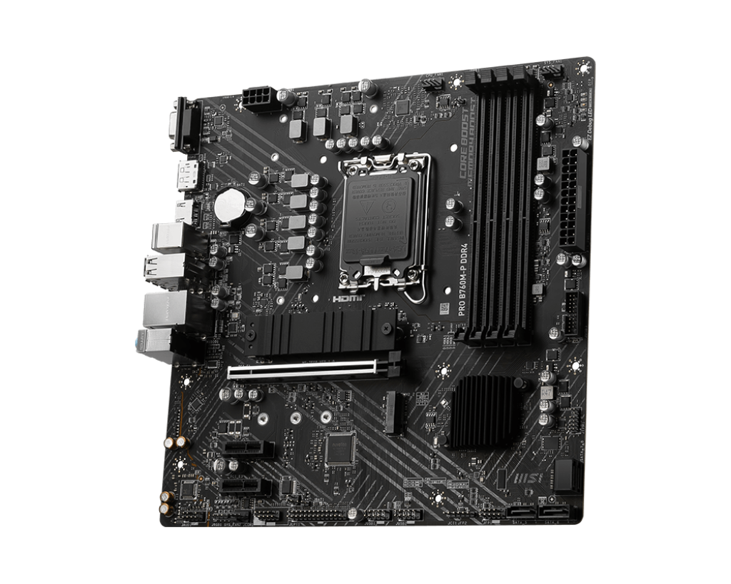 MSI PRO B760M-P DDR4 Processor family Intel Processor socket LGA1700 DDR4 DIMM Memory slots 4 Supported hard disk drive interfaces SATA, M.2 Number of SATA connectors 4 Chipset Intel B760 mATX - Image 4