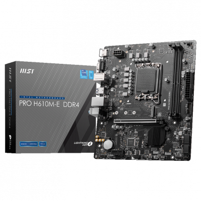 MSI PRO H610M-E DDR4 Processor family Intel Processor socket LGA1700 DDR4 DIMM Memory slots 2 Supported hard disk drive interfaces SATA, M.2 Number of SATA connectors 4 Chipset Intel H610 Mirco-ATX
