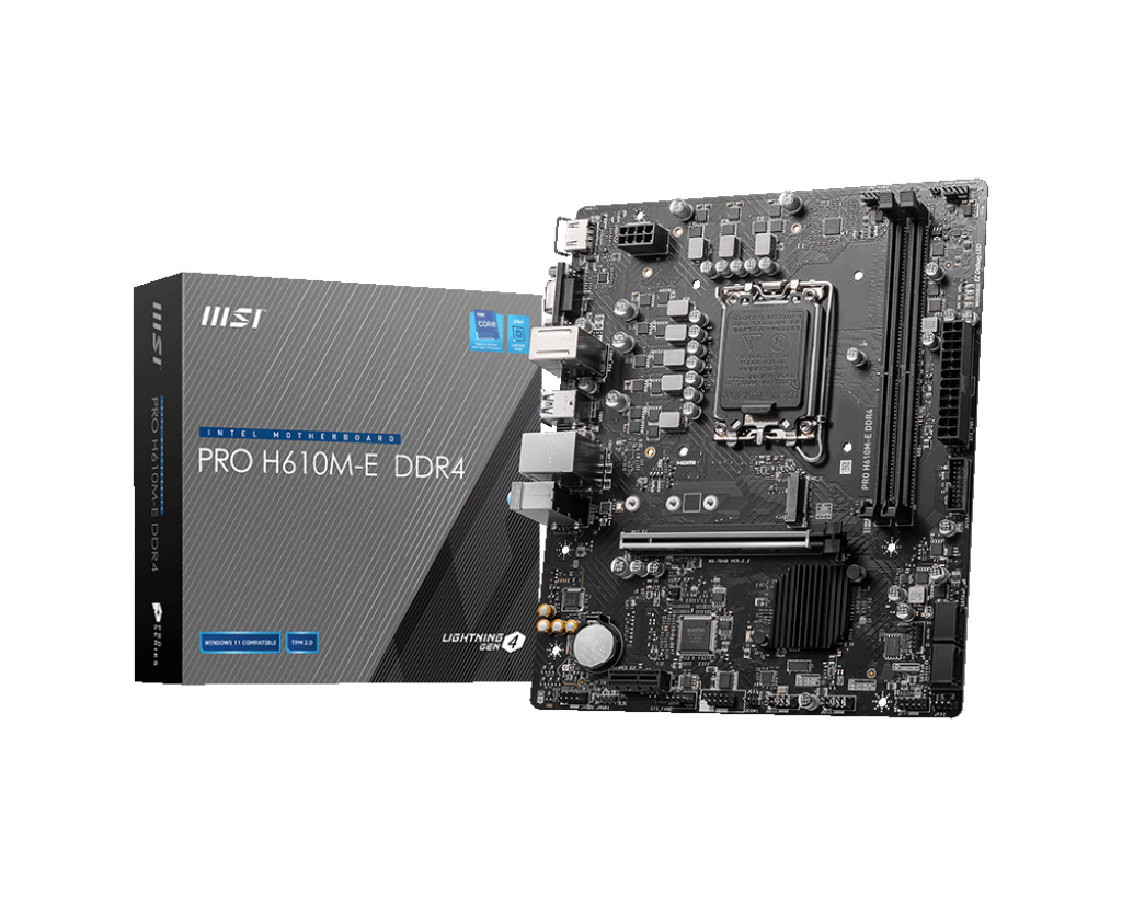 MSI PRO H610M-E DDR4 Processor family Intel Processor socket LGA1700 DDR4 DIMM Memory slots 2 Supported hard disk drive interfaces SATA, M.2 Number of SATA connectors 4 Chipset Intel H610 Mirco-ATX