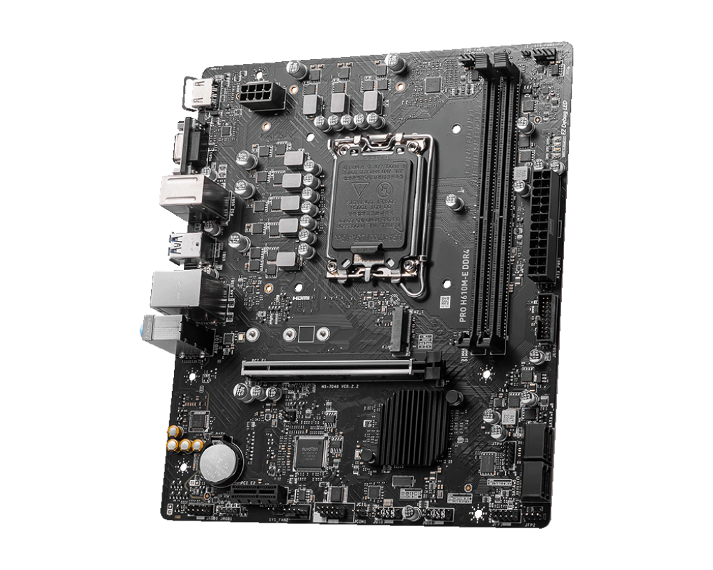 MSI PRO H610M-E DDR4 Processor family Intel Processor socket LGA1700 DDR4 DIMM Memory slots 2 Supported hard disk drive interfaces SATA, M.2 Number of SATA connectors 4 Chipset Intel H610 Mirco-ATX - Image 4