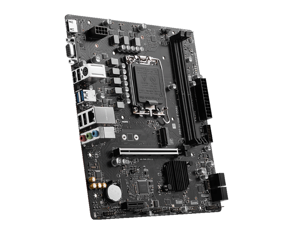 MSI PRO H610M-E DDR4 Processor family Intel Processor socket LGA1700 DDR4 DIMM Memory slots 2 Supported hard disk drive interfaces SATA, M.2 Number of SATA connectors 4 Chipset Intel H610 Mirco-ATX - Image 5