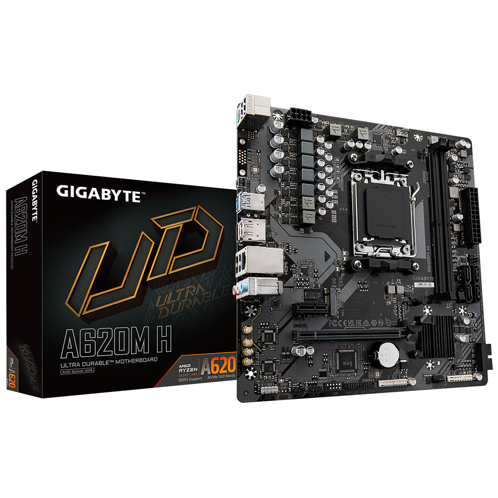 Gigabyte A620M H 1.0 M/B Processor family AMD Processor socket AM5 DDR5 DIMM Memory slots 2 Supported hard disk drive interfaces SATA, M.2 Number of SATA connectors 4 Chipset AMD A620 Micro ATX